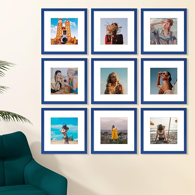 Vittanly 12x12 Picture Frame Set of 9 - Display 8x8 Photos with Mat or 12x12 Without Mat, Wall Mount Frames for Home Decor, Horizontal or Vertical (Blue)-Ruum Studio Home
