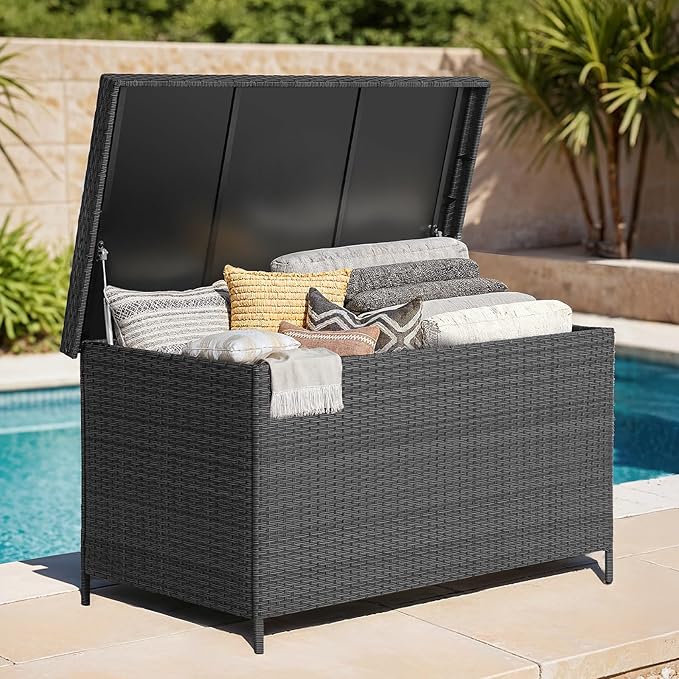 158 Gallon XL Deck Box with Lid, All Weather Wicker Outdoor Storage Box Waterproof, Large Outdoor Patio Storage Bin for Cushions, Garden Tools, Gears, Pool Accessories, Black-Ruum Studio Home