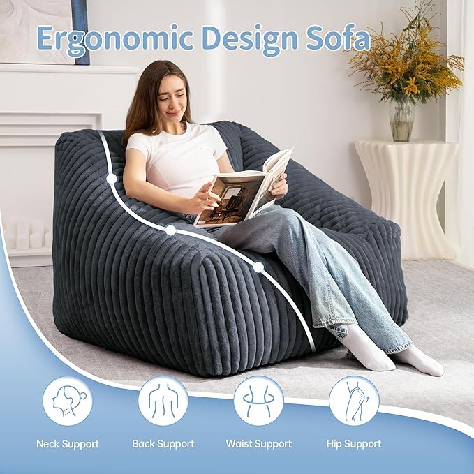 HABUTWAY Bean Bag Chair, Giant Bean Bag Chairs for Adults and Kids, Bean Bag Sofa, Lazy Floor Sofa, Faux Fur Beanbag Chair with Armrests for Living Room Bedroom (Dark Grey)-Ruum Studio Home