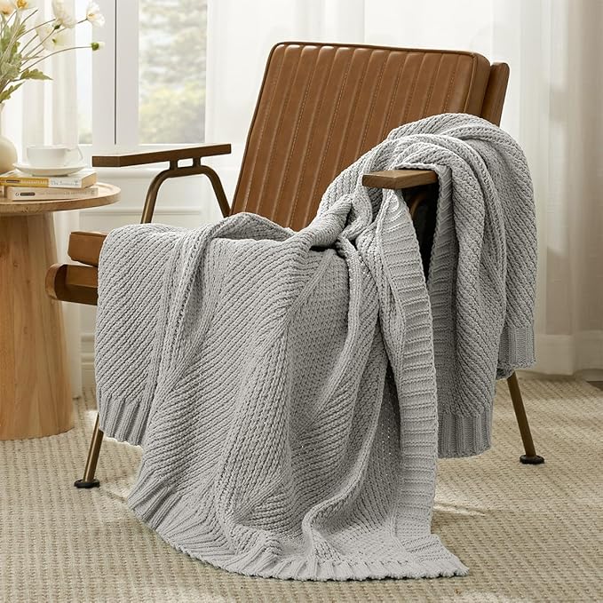 Amélie Home Chenille Knit Throw Blanket for Couch, Chevron Texture Decorative Soft Blanket for Sofa, Bed & Chair, 50"x60", Light Grey-Ruum Studio Home