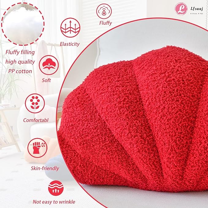 Red Seashell Throw Pillows, Shell Shaped Throw Pillows, 13 Inch Soft Home Decorative Pillow Plush Cushion for Bed Couch Living Sofa Room Decor Accent Throw Pillow