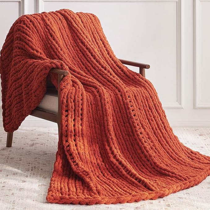 Chunky Knit Throw Blanket, 50''*60'' Fall Throw Blanket Knitted Chenille Yarn for Bed Couch, Handmade Orange Crochet Big Thick Blanket, Machine Washable Cute Comfy Blankets for Home Decor-Ruum Studio Home