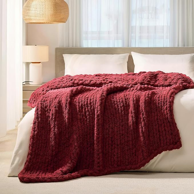 L'AGRATY Chunky Knit Blanket Throw: 50''x60'' Chenille Chunky Knitted Throw Blankets for Bed Couch - Handmade Thick Cable Knit Blanket - Large Crochet Rope Blankets for Home Decor(Maroon Red)-Ruum Studio Home