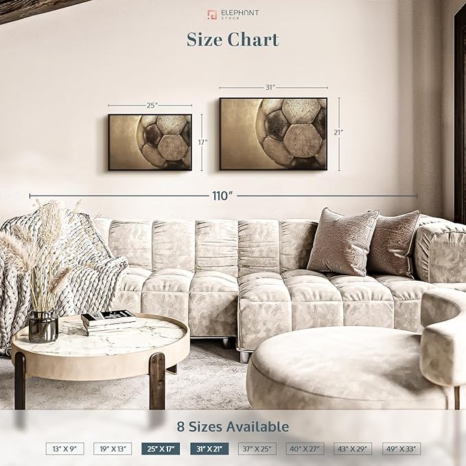 Elephant Stock Worn Soccer Ball Wall Art - Horizontal Framed Canvas - 1-Piece Living Room Wall Decor - Photography sports Canvas Print - Brown and Gray Decor for Wall - 25" X 17"-Ruum Studio Home