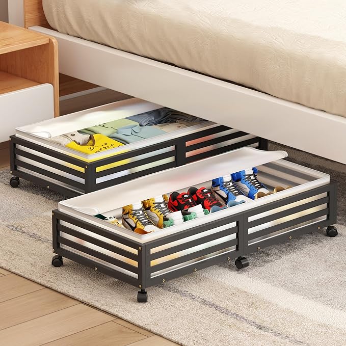 Under Bed Storage with Wheels-Large Bamboo Underbed storage Containers with Large Dust Bag Stackable Under the Bed Shoe Storage Bins for Clothes Books Bedding (2 Packs Black, 33.07"L×16.54"W× 6.5"H)-Ruum Studio Home