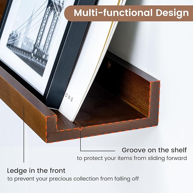 Picture Ledge Shelf, Floating Shelves Set of 2, Solid Pine Wood 72'' Long Large Nursery Book Shelves for Toys Storage, Kids Bookshelf for Living Room Bedroom Decor Books Photo Frames, Walnut-Ruum Studio Home