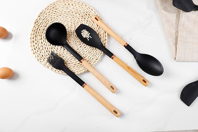 13-Piece silicone utensil set wood handle nonstick cookware safe dishwasher safe kitchen tools BPA free heat resistant (450°F/230°C) ceramic pan safe cooking gifts housewarming (Black)-Ruum Studio Home
