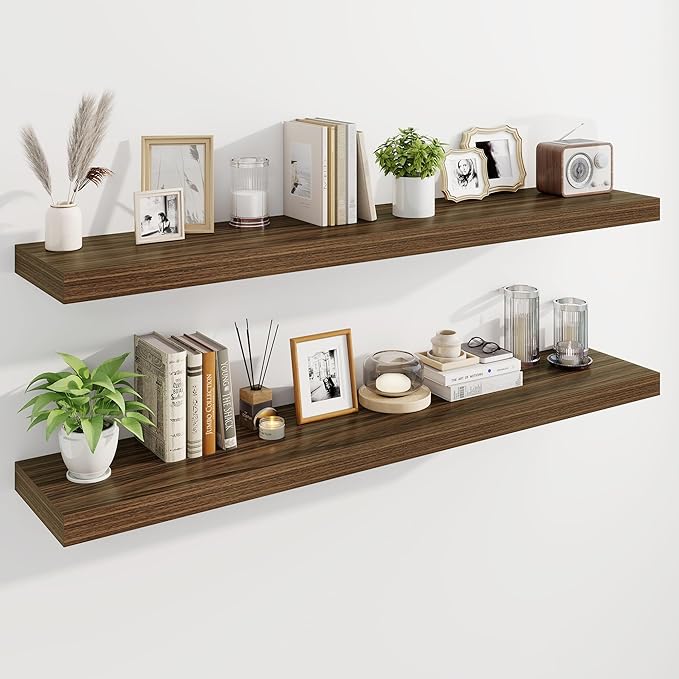 Marsmiles 55" Floating Shelves for Wall, Wooden Shelves with Invisible Brackets Set of 2, Rustic Farmhouse Wall Mounted Shelf for Kitchen Bathroom Living Room Study, Walnut-Ruum Studio Home