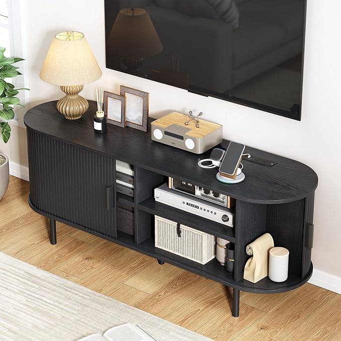 63" TV Stand with Power Outlet, Modern Media Console with Sliding Doors, Entertainment Center for TVs up to 60 Inch, Adjustable Shelves, Black-Ruum Studio Home