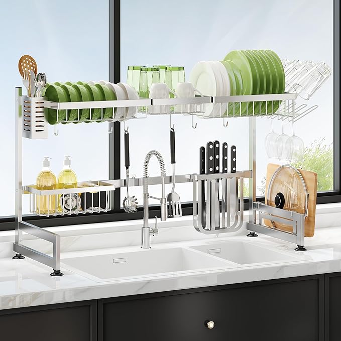 2 Tier Extra Large Stainless Steel Expandable Over The Sink Dish Drainer Drying Rack, Rust Proof Metal, Space Saving, Modern Silver Big Capacity Extendable Plate Strainers Above Kitchen Counter-Ruum Studio Home