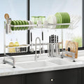 2 Tier Extra Large Stainless Steel Expandable Over The Sink Dish Drainer Drying Rack, Rust Proof Metal, Space Saving, Modern Silver Big Capacity Extendable Plate Strainers Above Kitchen Counter-Ruum Studio Home