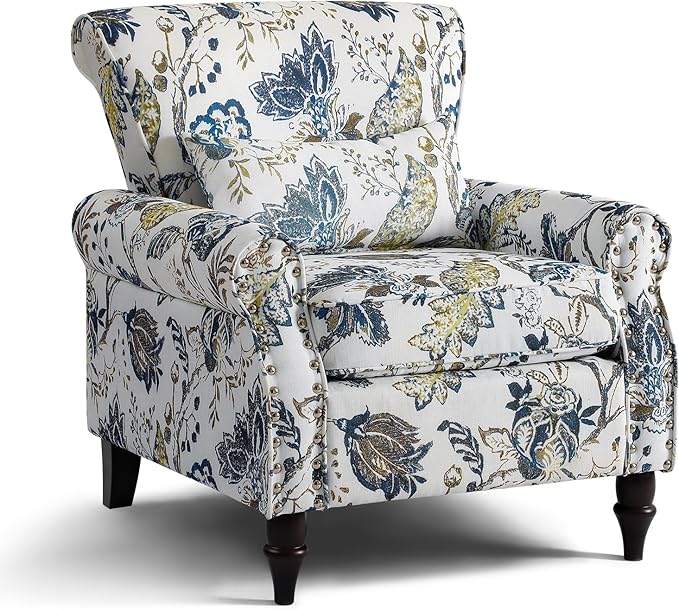 Wingback Accent Chair with Removable Pillow, High Back Floral Armchair with Solid Wood Legs & Nailhead Trim, Comfy Upholstered Reading Single Sofa Chair for Bedroom (1, Blue Floral Pattern)-Ruum Studio Home