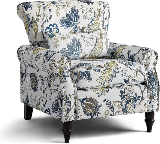 Wingback Accent Chair with Removable Pillow, High Back Floral Armchair with Solid Wood Legs & Nailhead Trim, Comfy Upholstered Reading Single Sofa Chair for Bedroom (1, Blue Floral Pattern)-Ruum Studio Home
