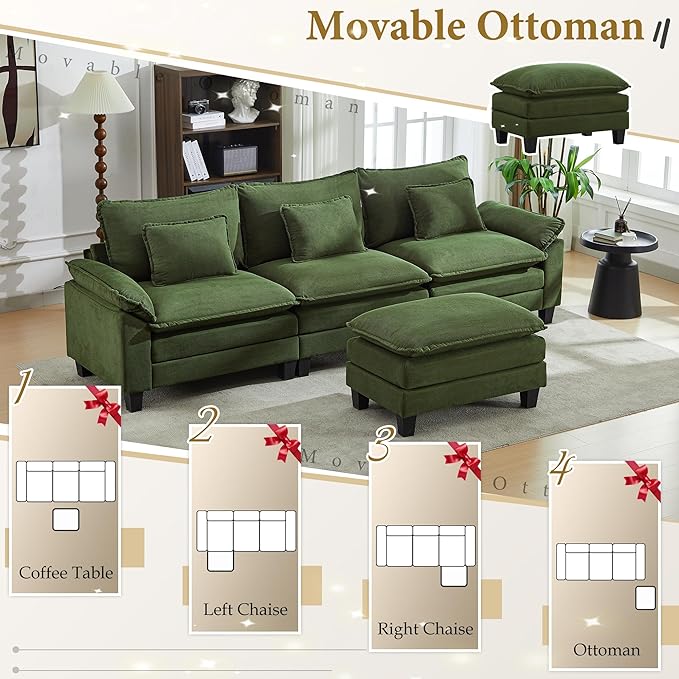 URRED Modular Sectional Sofa Comfy Cloud Couch, Modern Corduroy Sofa Sleeper Deep Seat Couches with Ottoman/Pillows for Living Room (Green, 117''- L Shape)-Ruum Studio Home