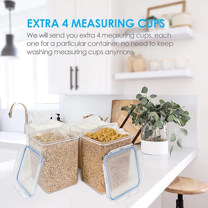 Vtopmart Large Food Storage Containers 5.2L / 175oz, 4 Pieces BPA Free Plastic Airtight Canisters for Flour, Sugar, Baking Supplies, Rice with Lids, 4 Measuring Cups and 24 Labels, Blue-Ruum Studio Home