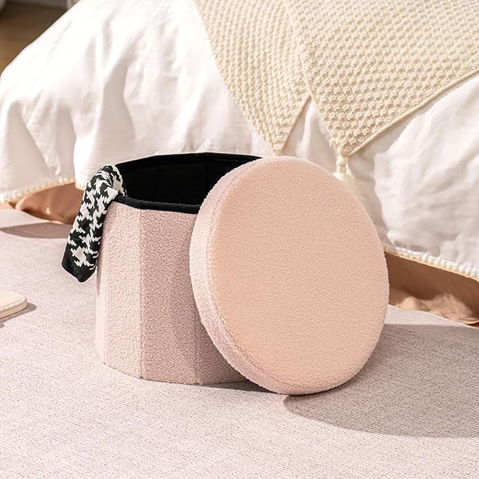 B FSOBEIIALEO Storage Ottoman Cube, Round Ottomans with Storage Foot Stool Footrest for Lving Room, Boucle Ottoman Seat for Dorm Room,Faux Teddy Fur, Pink 15"x15"x15"-Ruum Studio Home