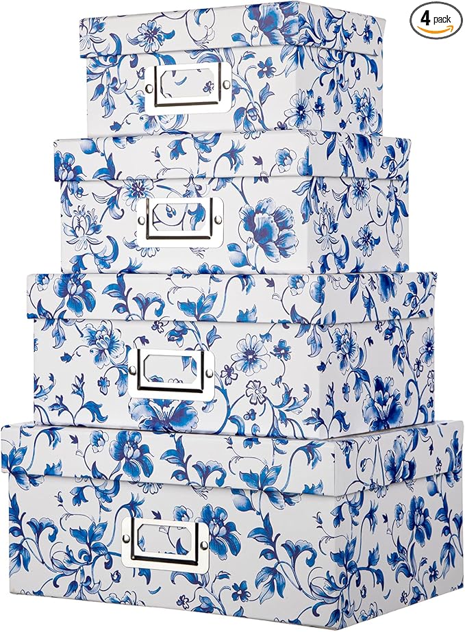 Briful Decorative Photo Storage Boxes with Lids, Set of 4 – Blue and White Porcelain Pattern, Nested Card Storage Box Organizer, Decorative Paperboard Box for Closet, Office, Gifts,Cosmetic,Books-Ruum Studio Home