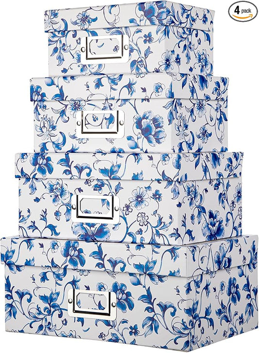 Briful Decorative Photo Storage Boxes with Lids, Set of 4 – Blue and White Porcelain Pattern, Nested Card Storage Box Organizer, Decorative Paperboard Box for Closet, Office, Gifts,Cosmetic,Books-Ruum Studio Home