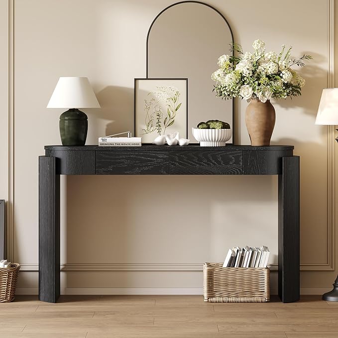 55" Sofa Table with Oval Top and 2 Drawers, Entryway Console Table with Fluted Design for Hallway,Foyer,Entry and Living Room (Fully Assembled-Black)-Ruum Studio Home