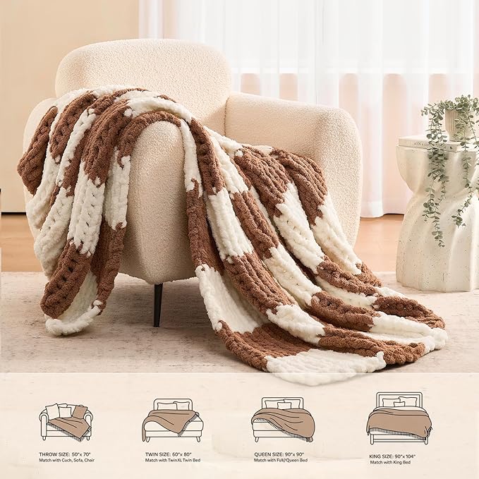 L'AGRATY Chunky Knit Blanket Throw: 60''x80'' Chenille Chunky Knitted Throw Blankets for Twin Bed Couch - Handmade Thick Cable Knit Blanket - Large Crochet Blankets for Home Decor(Brown Checkered)-Ruum Studio Home