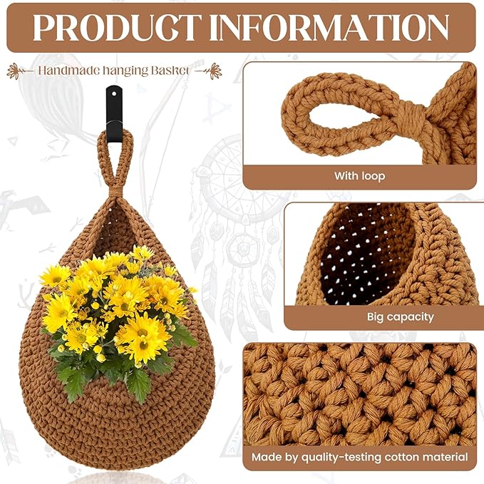 Hanging Fruit Baskets for Kitchen - 3 Pack Boho Wall Hanging Basket with 6 Pcs Strong Hooks, Handwoven Hanging Holder Teardrop Home Produce Basket for Fruits Vegetable Potato Onion Storage (Linen)-Ruum Studio Home