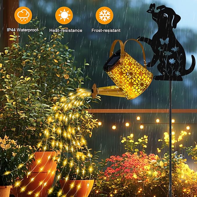 Solar Lights Outdoor Decorative, Watering Can with Cascading Lights, with Dog Silhouette Garden Stakes, Waterproof Metal Garden Decor for Yard Art, Outside, Patio, Lawn Ornaments(1 Pack)-Ruum Studio Home