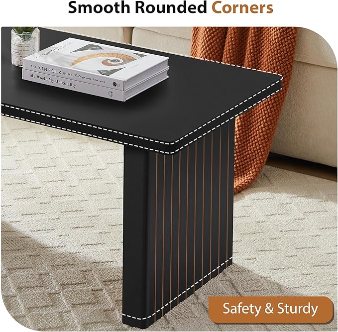 Rectangular Fluted Coffee Table, Farmhouse Wood Coffee Table Mid Century Modern Center Table Boho Living Room Tables for Living Room Office (Black, 19.69" D x 43.3" W x 17.72" H)-Ruum Studio Home