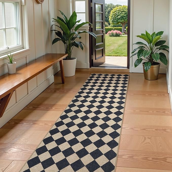 Lahome Checkered Outdoor Runner Rug, 2x8 Kitchen Runner Rugs for Non Skid Washable Entryway Carpet, Checkerboard Non Slip Non Shedding Carpet for Bedroom-Ruum Studio Home