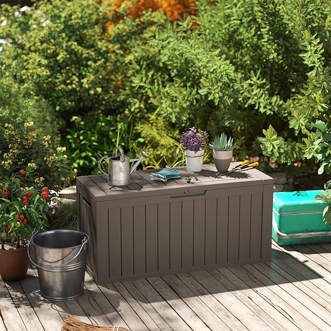 75 Gallon Double-Wall Resin Deck Box - Lockable Waterproof Outdoor Storage Box, 515lbs Capacity & Doubles as Seating for Patio Furniture - Garden Tools, Pool Accessories (Brown)-Ruum Studio Home