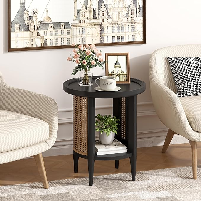 Yusong Round End Table Rattan Side Table with Solid Wood Legs, Boho Style Nightstand Bedside Table with 2-Tier Shelves, Small Coffee Table for Living Room Bedroom Small Spaces Black-Ruum Studio Home