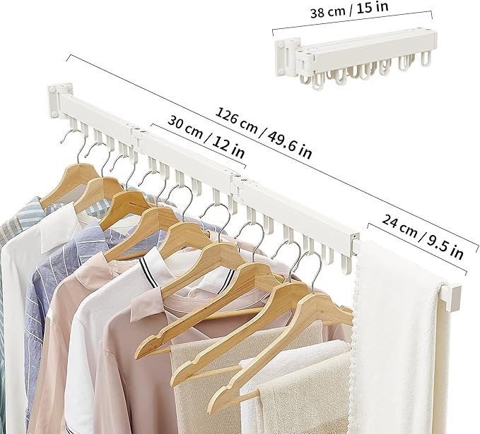 Clothes Drying Rack Wall Mounted, Laundry Drying Rack Collapsible, Space Saving Wall Drying Rack Clothing Foldable, Tri-Fold Retractable Rack Outdoor Indoor with 18 Hooks(White，Loop-Shape Hooks)-Ruum Studio Home