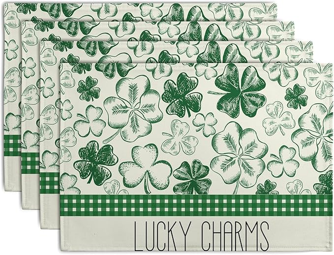 Green Shamrock St Patricks Day Placemats Set of 4 Lucky Clover Plaid Check Table Mat 12x18 Inch St. Patrick's Day Seasonal Holiday Place Mats Spring Linen Placemat for Party Kitchen Dining Decor-Ruum Studio Home