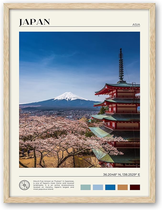 HesenDot Natural OAK Wood Framed Mount Fuji Wall Art, 12x16in Japanese Natural Scenery Canvas Wall Print, Classic Urban Landmark Wall Decor for Living Room, Bedroom,Office Gallery Set of 1-Ruum Studio Home
