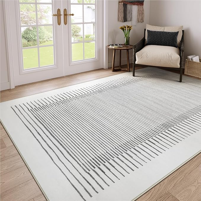 Wonnitar 5x7 Washable Striped Living Room Area Rug, Non-Slip Grey Boho Rugs for Bedroom, Low Pile Soft Minimalist Floor Carpets for Dining Room Home Office (Grey,5' x 7')-Ruum Studio Home