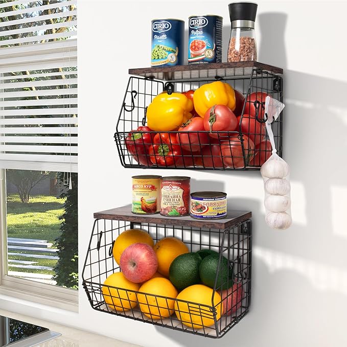 Fruit Bowl, Stackable Wall Mounted Fruit Basket of Smooth Wood Lid with 4 Banana Hanger Hooks, Metal Kitchen Counter Organizer for Snack, Fruit and Vegetable Storage, 11.8 * 7.9 * 8.5 Inches-Ruum Studio Home