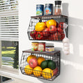 Fruit Bowl, Stackable Wall Mounted Fruit Basket of Smooth Wood Lid with 4 Banana Hanger Hooks, Metal Kitchen Counter Organizer for Snack, Fruit and Vegetable Storage, 11.8 * 7.9 * 8.5 Inches-Ruum Studio Home