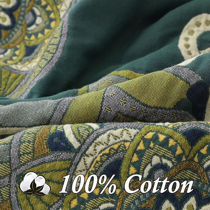 Snycler Boho Throw Blanket for Bed - 100% Cotton Ultra Soft Rustic Quilt - Green Boho Floral Printed Farmhouse Decor Bed Blankets, 80"×90" All Season Rustic Throw for Sofa Couch Chair-Ruum Studio Home