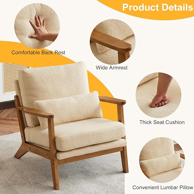 Karl home Accent Chair Wide Armrest Mid-Century Lounge Chair Teddy Fleece Armchair with Lumbar Pillow & Solid Wood Frame for Living Room, Bedroom, Balcony, Khaki-Ruum Studio Home