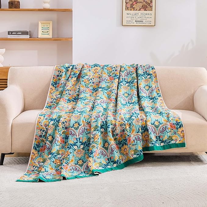 Boho Blanket Throw Quilt, 100% Cotton Soft Light Weight Throw Blankets for Summer, 50"x60" Farmhouse Flower Decorative Blankets, All Season Rustic Reversible Bohemian Throw Quilt-Ruum Studio Home