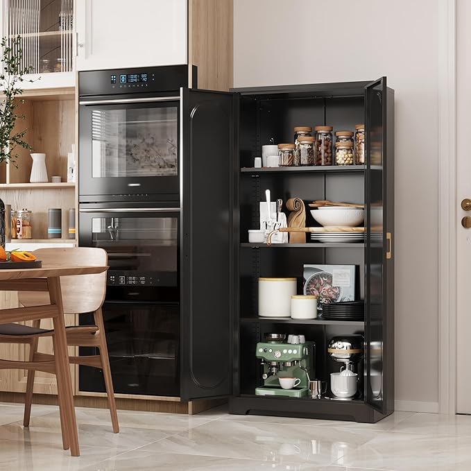 Metal Kitchen Storage Cabinets,60”Pantry Cabinet with Doors and 4 Adjustable Shelves,Tall Black Cabinet for Pantry, Laundry Room,Living Room,Dinning Room-Ruum Studio Home