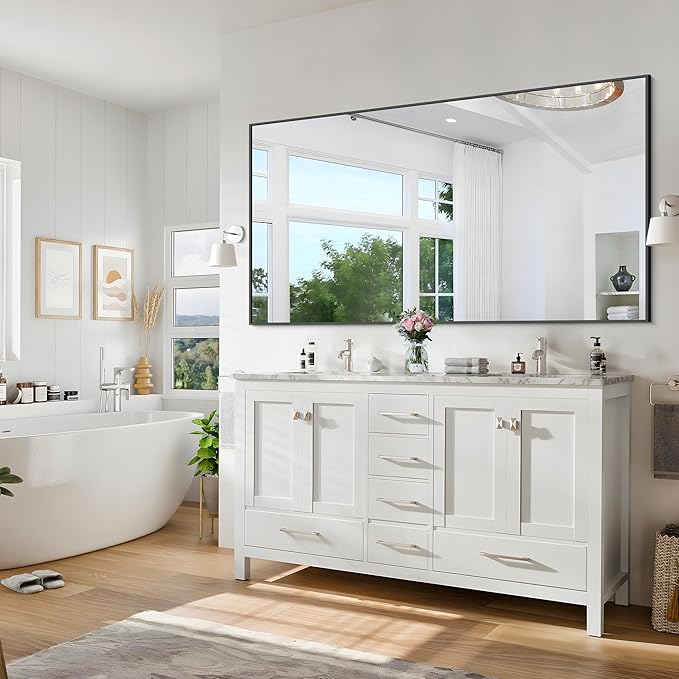 Black Bathroom Mirror for Wall, 60x36 Inch Rectangle Mirrors with Metal Frame, Large Modern Vanity Wall Mirror for Bathroom Living Room, Entryway Hangs Horizontal or Vertical-Ruum Studio Home