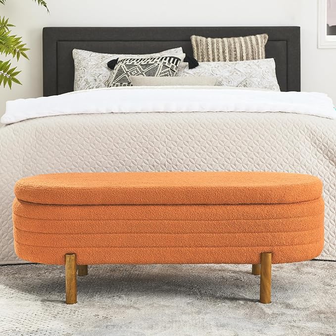 Furniliving 46” Storage Benches, End of Bed Bench with Button-Tufted Large Upholstered Storage Ottoman Teddy Window Bench with Storage Shoe Cabinet Bench, for Bedroom, Entryway, Closet, Orange-Ruum Studio Home
