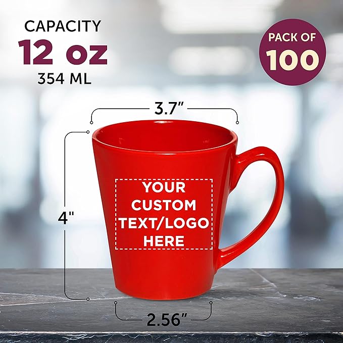 DISCOUNT PROMOS Custom Glossy Ceramic Latte Coffee Mug 12 oz. Set of 100, Personalized Bulk Pack - Perfect for Tea, Espresso, Cappuccino, Hot Cocoa - Red-Ruum Studio Home