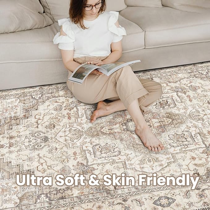 Washable Area Rugs for Living Room -10x12 Neutral Vintage Distressed Floral Farmhouse Boho Large Soft Floor Rug Indoor Non Slip Carpet for Living Room Bedroom Dining Room Office-Brown/Multi-Ruum Studio Home