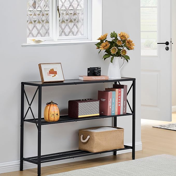 Hoctieon Industrial Console Table, 3 Tier Entryway Table, Hallway Table, Narrow Sofa Table with Shelves, Entrance Table for Entryway, Living Room, Foyer, Hallway, Office, Black-Ruum Studio Home