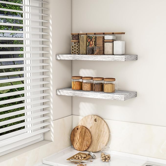 RICHFOCUS 24Inch Floating Shelves for Wall 2 Pack Shelves for Bedroom|Kitchen|Bathroom Wall Mounted Rustic Distressed Wood Floating Shelf with Invisible Brackets for Books|Storage|Decor, Rustic-Ruum Studio Home