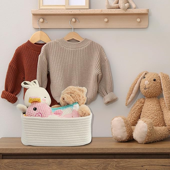 Small Woven Storage Baskets 12“X8”X5“ Decorative Rope Bins for Organizing Shelves, Closets, and Toys, Empty Gift Baskets, Cute Organizer Basket for Home and Office (white, regular)-Ruum Studio Home