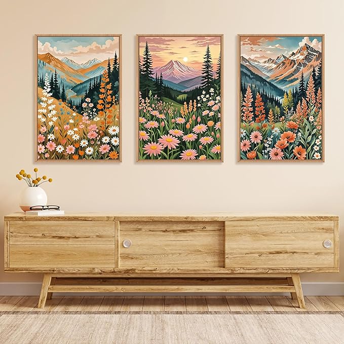 HPINUB Mountain Sunset Floral Framed Canvas Wall Art Set,Colorful Wildflower Daisy Flower Wall Decor,Boho Blossom Botanical Artwork Modern Nature Landscape Art Print for Living Room,Bedroom-24 x36 x3-Ruum Studio Home