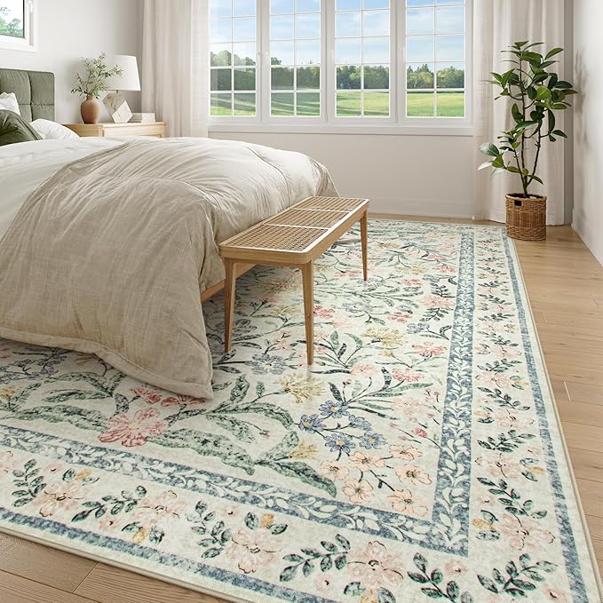Wonnitar Large Living Room Rug, Floral 10 x 14 Machine Washable Area Rugs, Soft Boho Ultra-Thin Non-Shedding Indoor Aesthetic Carpet for Bedroom Dining Room Office-Ruum Studio Home