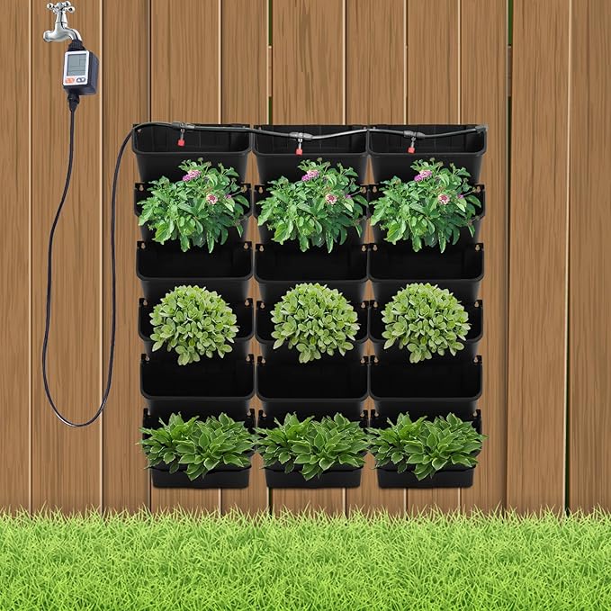 Self-Watering Wall-Mounted Planter, Vertical Garden Planter Set with 18 Pots, Stackable Plant Grow Pots with Electronic Timer for Growing Veggies, Fruits, Herbs, Flowers.-Ruum Studio Home